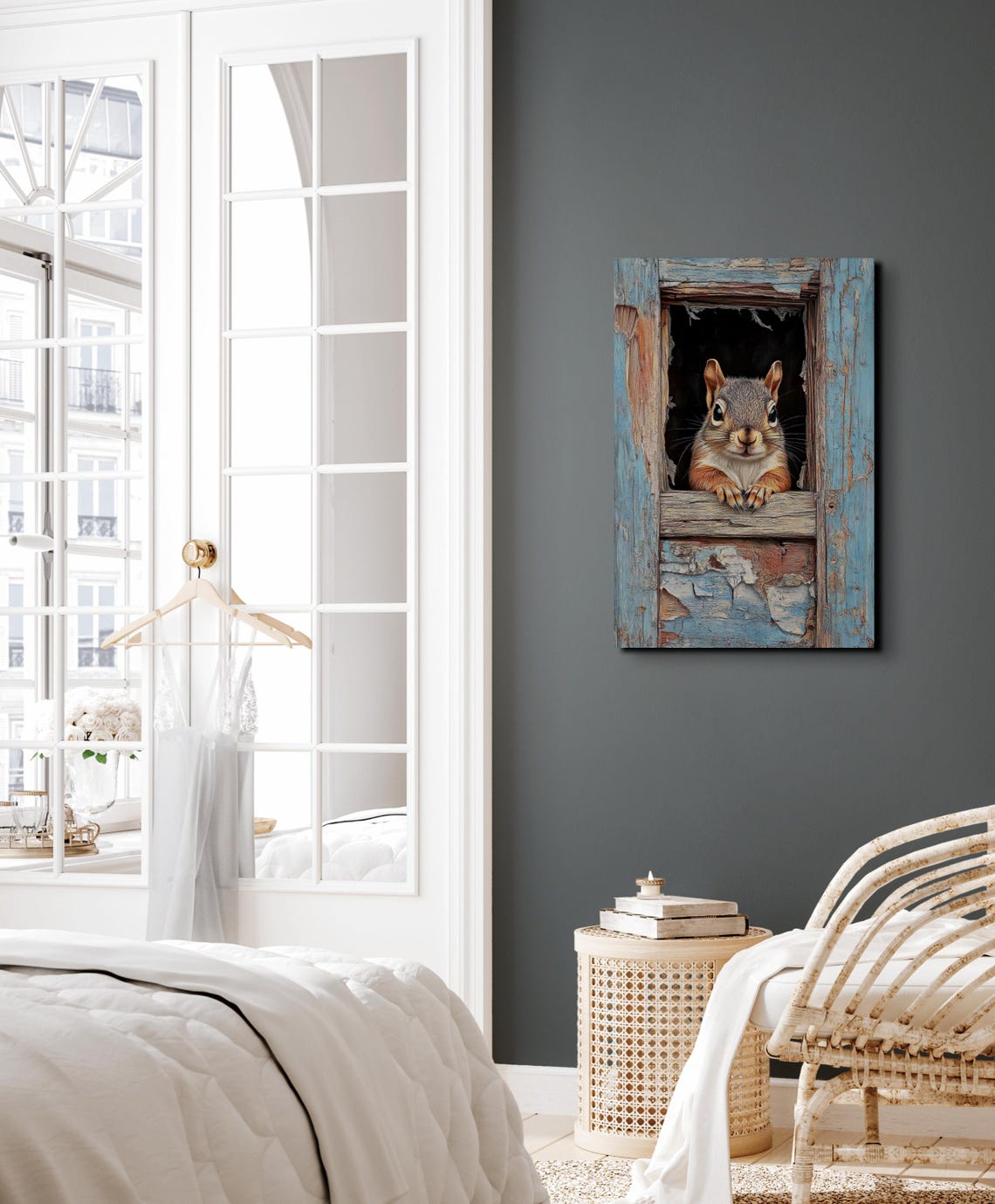 Curious Squirrel Peeking From Rustic Blue Window Animal Poster - Image 5
