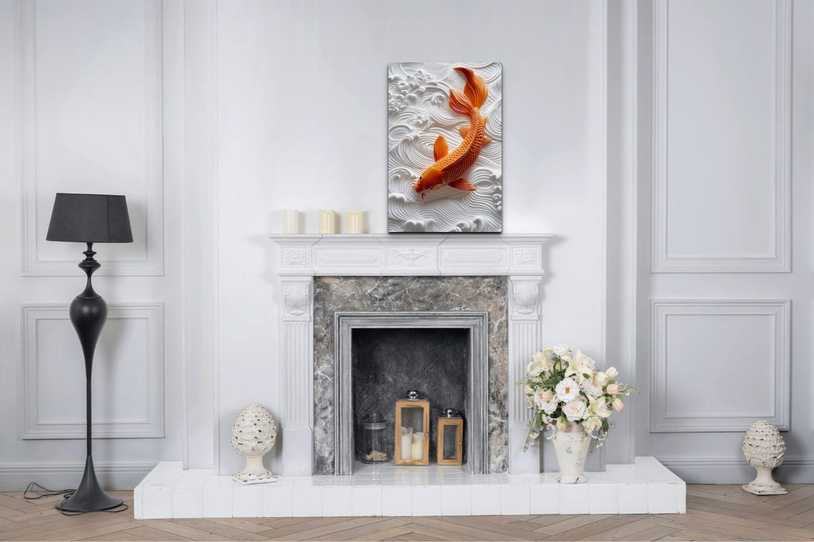 Orange Koi Fish Swimming White Wave Relief 3D Art Effect Poster - Image 6