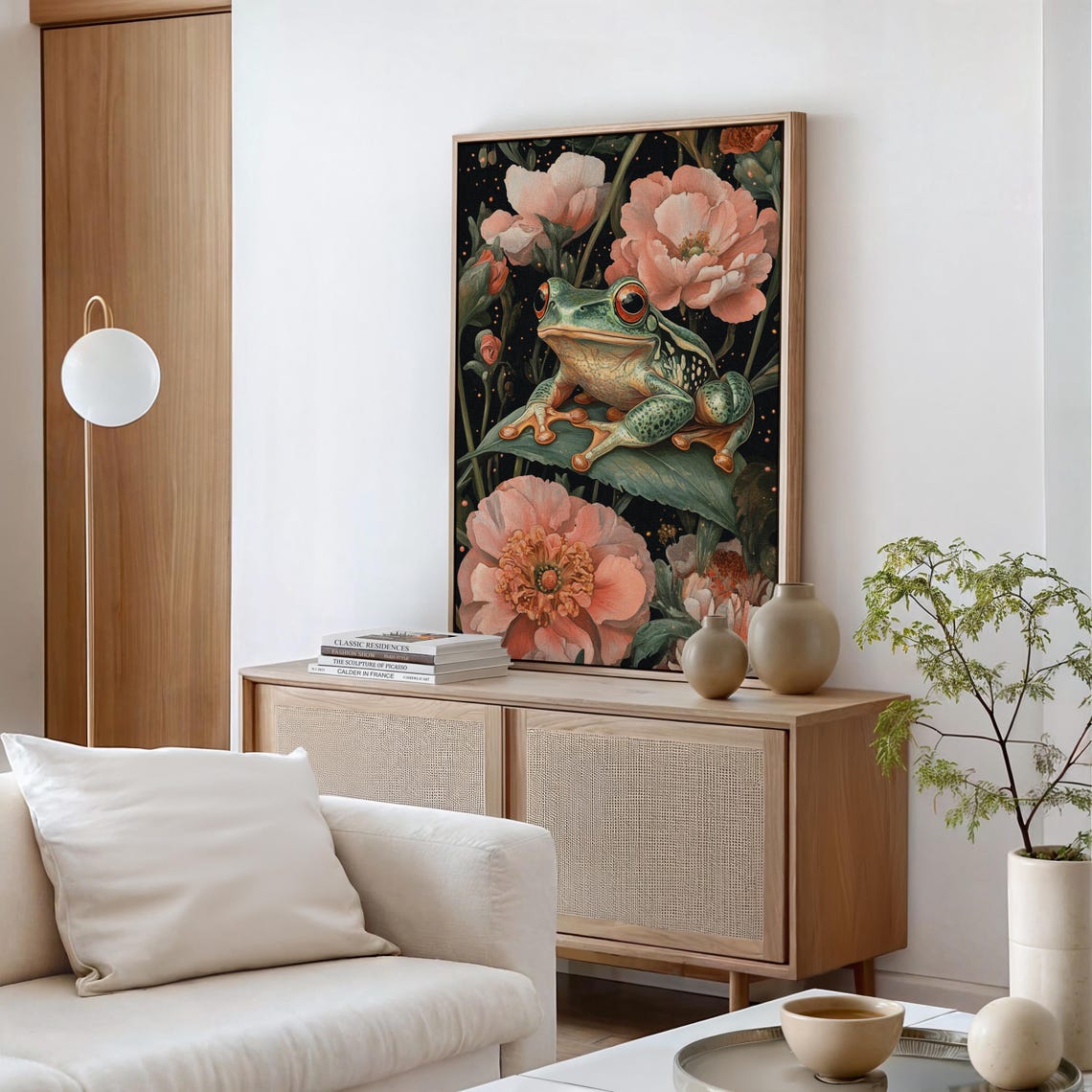Green Tree Frog With Red Eyes Among Pink Flowers Dark Nature Poster - Image 4