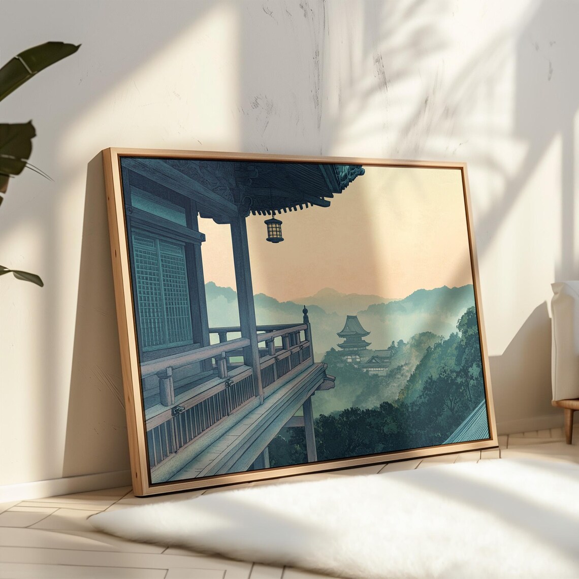 Temple Veranda Lantern View Pagoda Mist Sunset Japanese Art Poster - Image 3