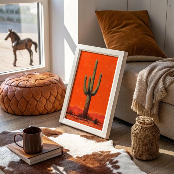 Bold Saguaro Cactus Orange Sunset Desert Southwest Painting Poster