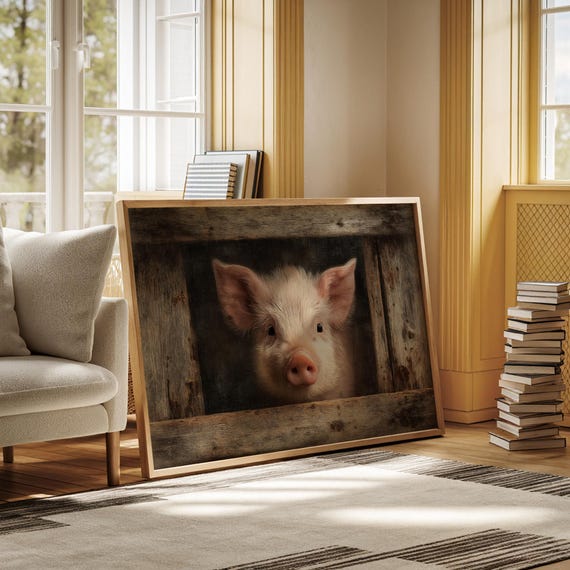 Cute Piglet Canvas Wall Art Farm Animal Print With Rustic Barn Wood Frame Look For Country Nursery Or Farmhouse Kitchen Decor