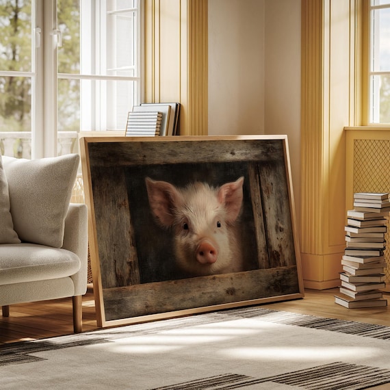 Cute Piglet Peeking Through Rustic Wooden Barn Farm Animal Poster