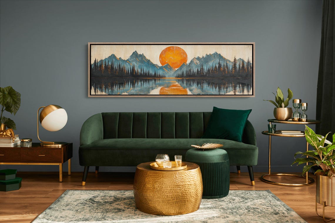Retro Orange Sun Mountain Valley Lake Reflection Vintage Style Poster - Image 5