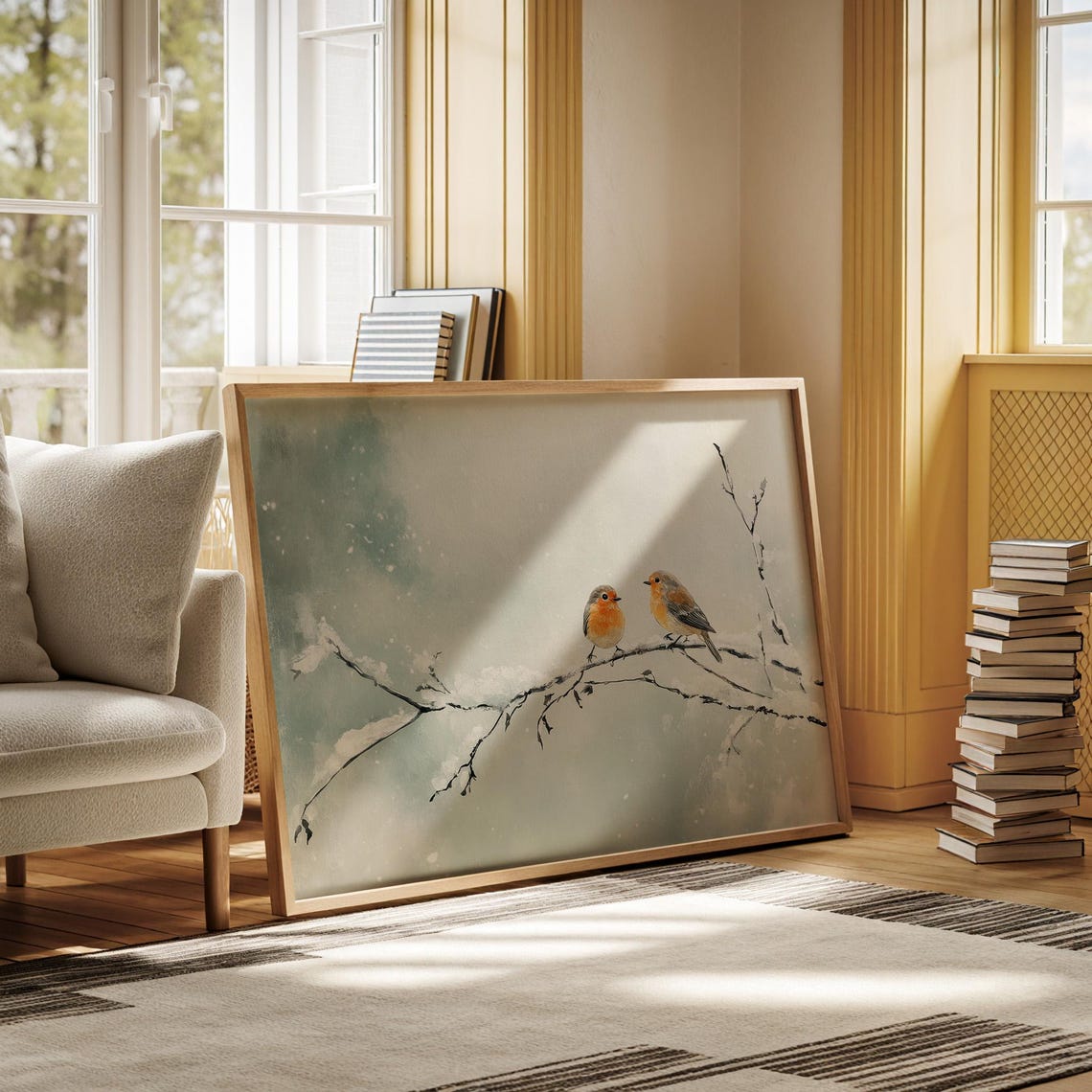 Two Robins On A Snowy Branch In Falling Snow Watercolor Winter Poster - Image 6