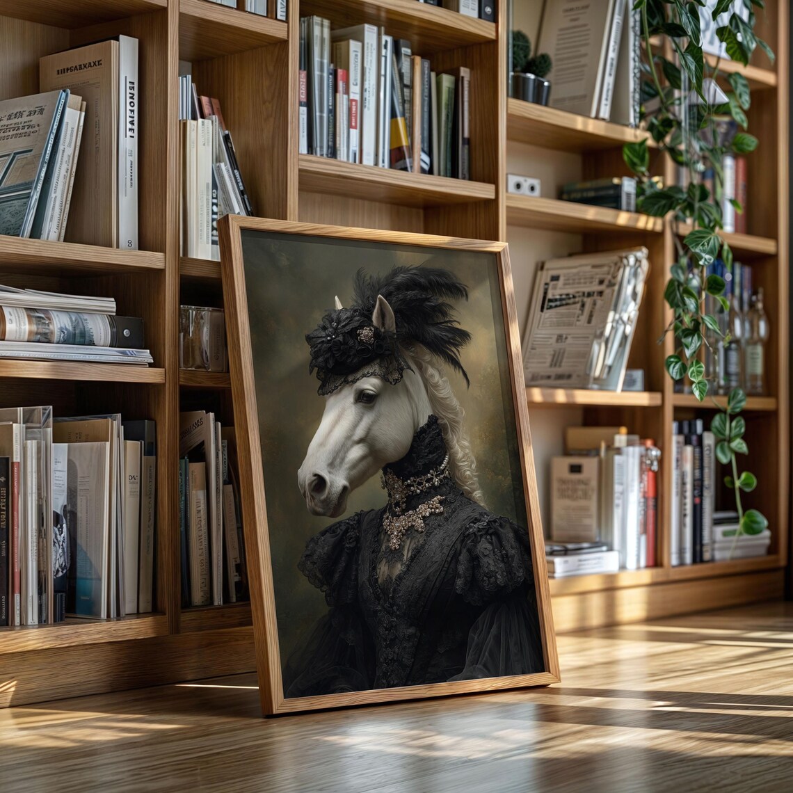 Victorian White Horse Portrait in Black Lace Gown and Feathered Hat Poster