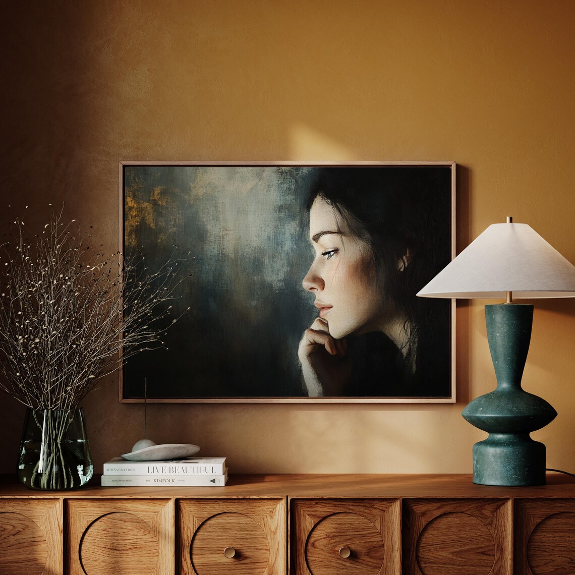 Moody Portrait Canvas Art Vintage Oil Painting Of Woman Dark Wall Decor Elegant Female Profile Classic Fine Print