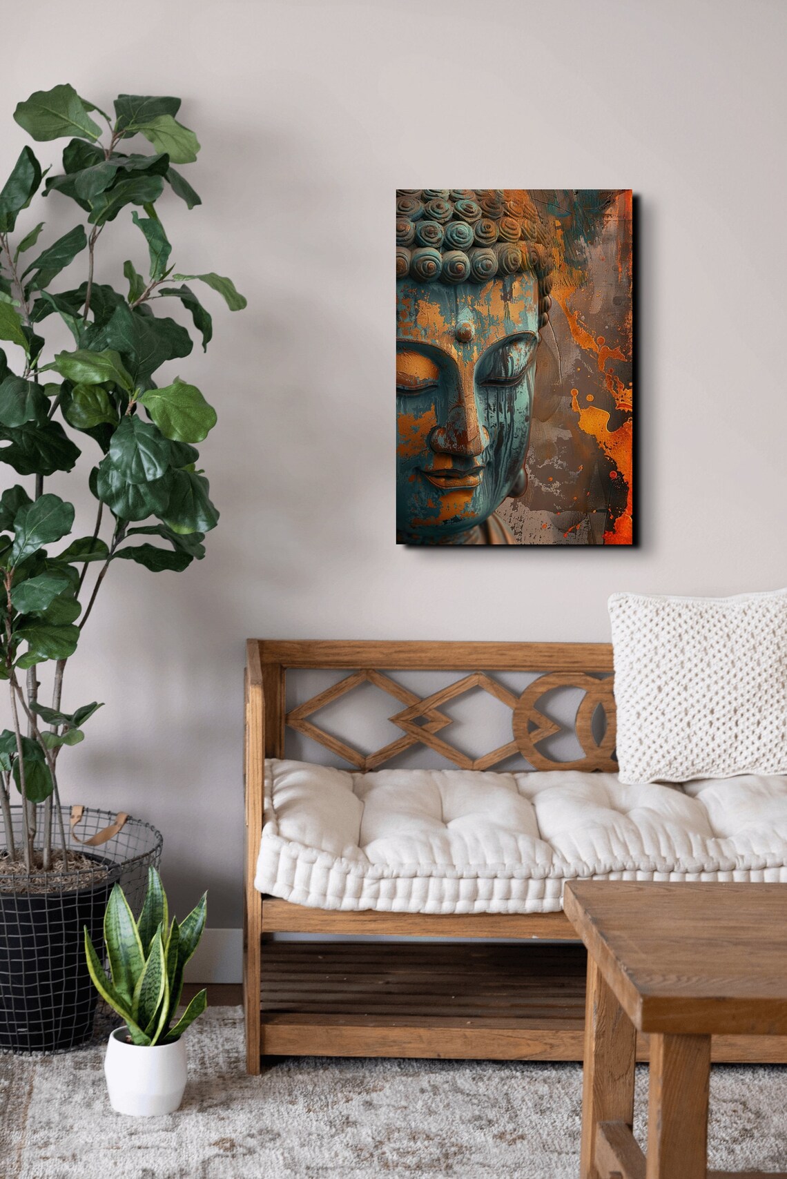 Serene Buddha Face in Teal and Gold Textured Portrait Art Poster - Image 7