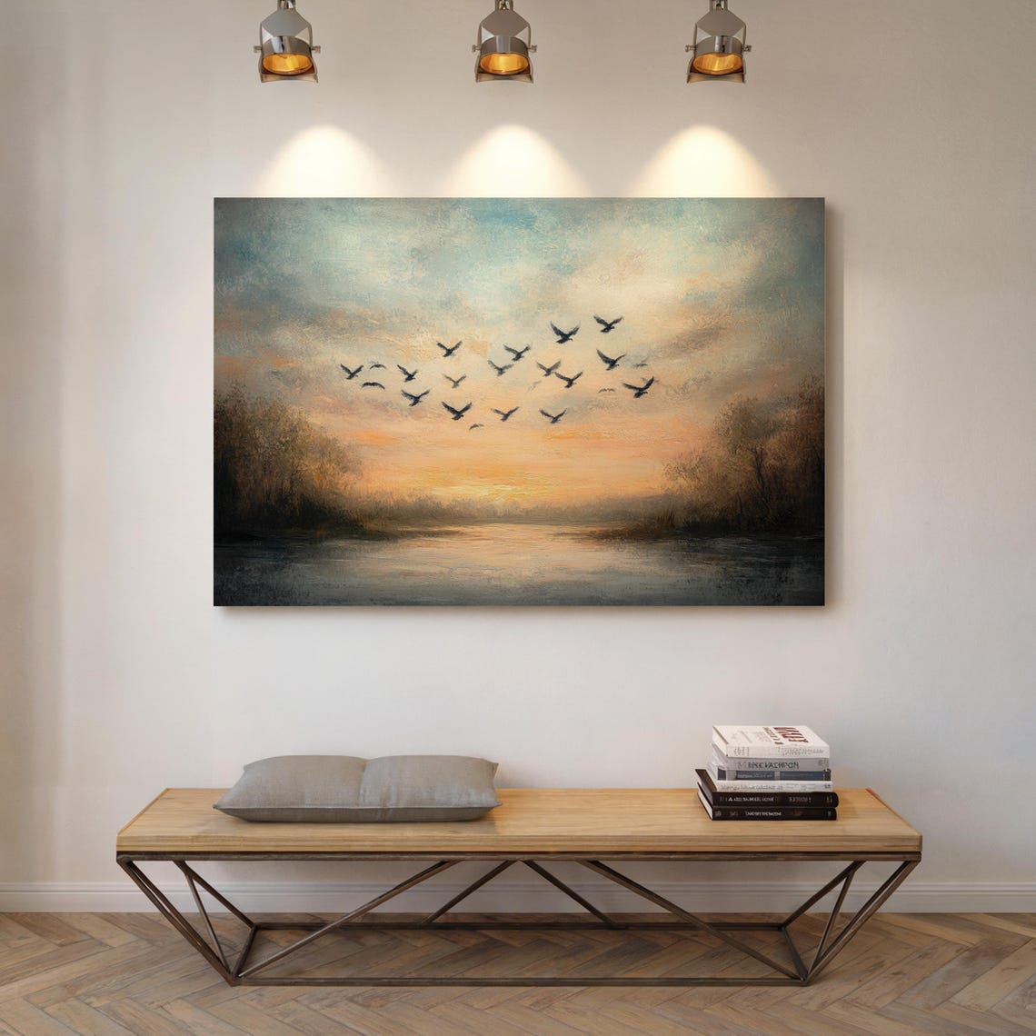 Sunset Birds Flock Over Lake Golden Sky Tranquil Wildlife Poster - Image 7