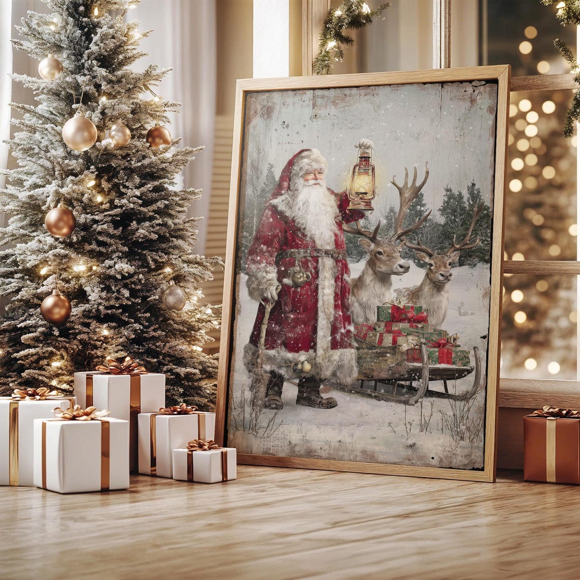 Vintage Santa With Lantern Reindeer And Gift Sled Snowy Art Poster