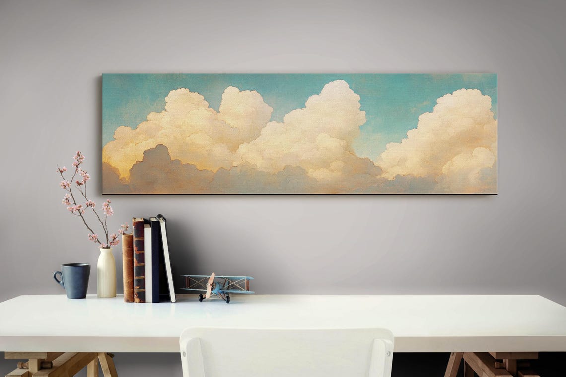 Golden Cumulus Clouds Glowing In Turquoise Sky Serene Panoramic Print - Image 4