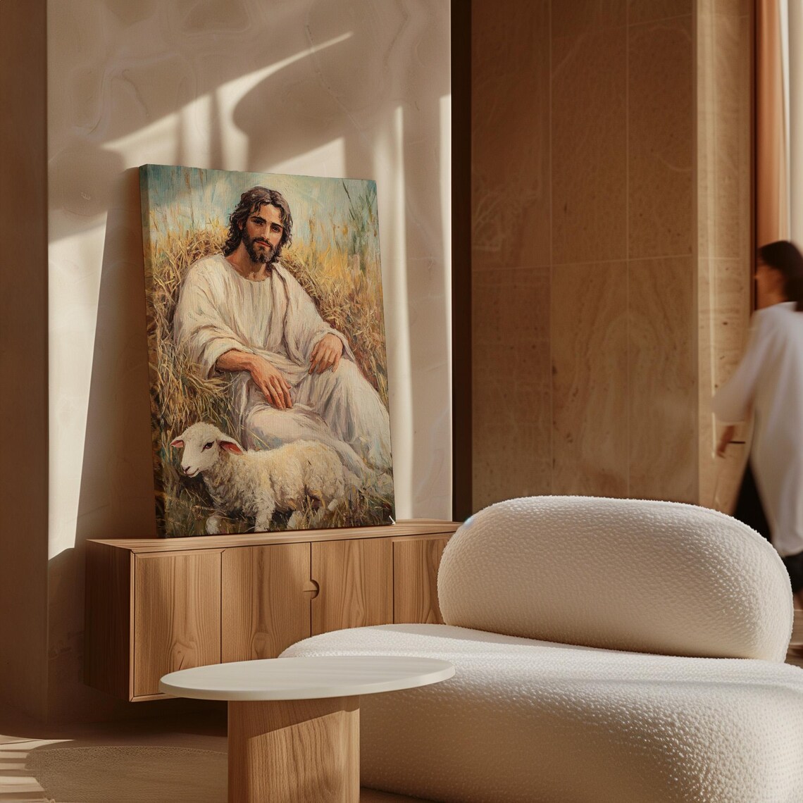 Jesus Seated With a Lamb in a Peaceful Golden Pasture Painting Poster - Image 7