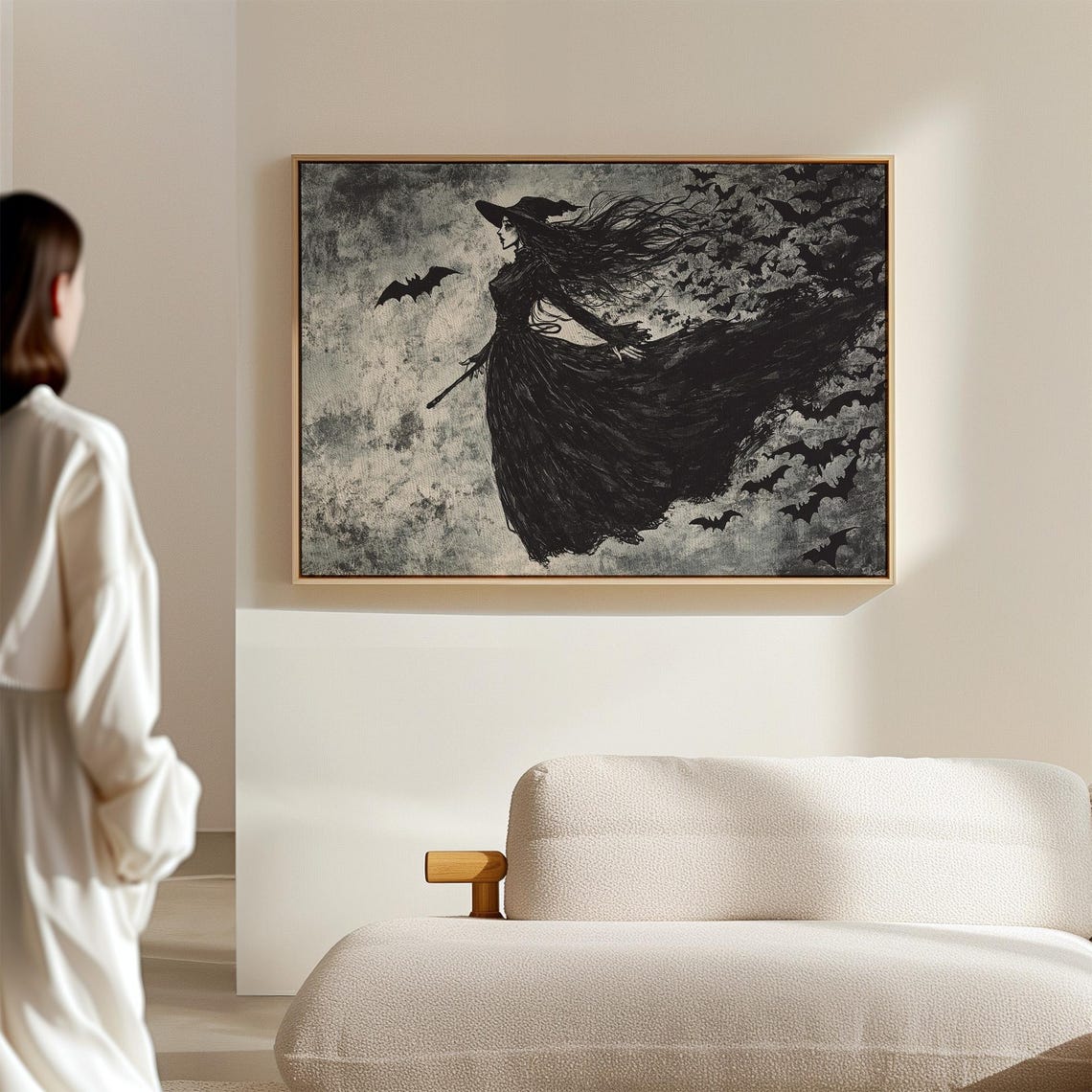 Witch Silhouette With Bats Flying Gothic Halloween Dark Ink Art Poster - Image 6