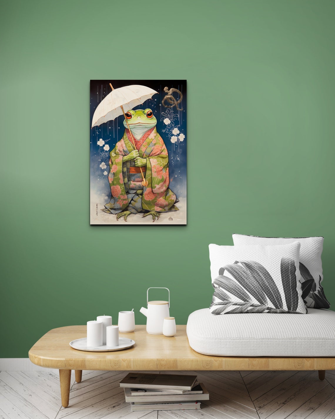 Japanese Frog In Kimono Holding Umbrella In The Rain Art Poster - Image 6