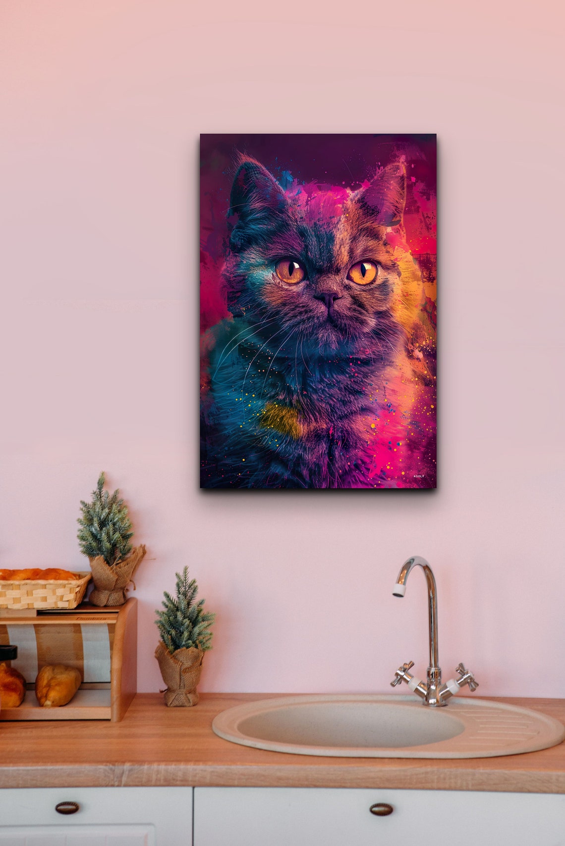 Cat Portrait with Neon Magenta and Orange Paint Splashes Wall Art - Image 3