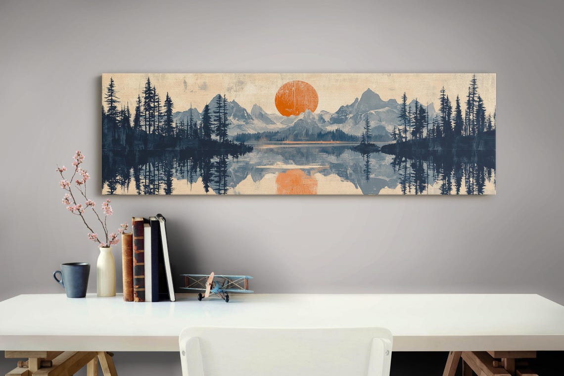 Blue Monochrome Mountain Lake Single Orange Sun Reflection Art Poster - Image 3