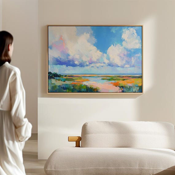 Colorful Abstract Landscape Canvas Wall Art Modern Impressionist Cloud And Field Painting Vibrant Nature Scene For Living Room Dcor