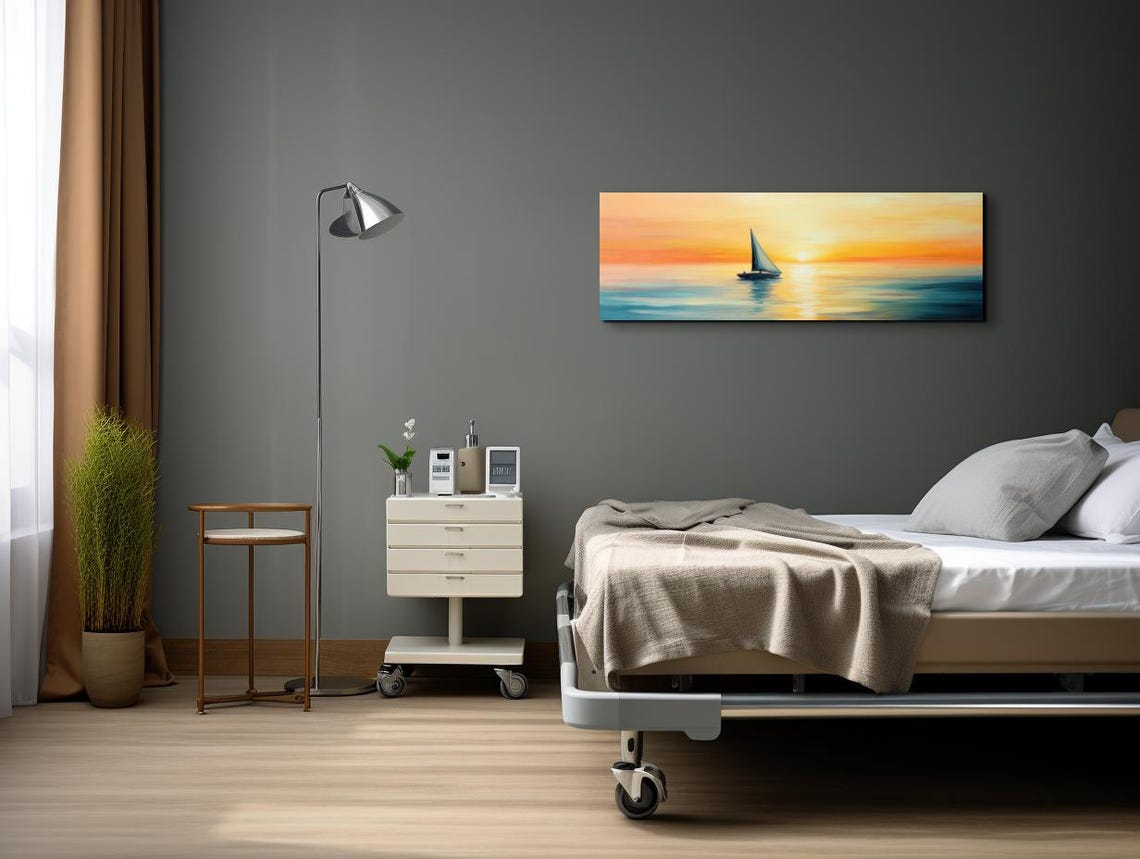 Lone Sailboat On Sunset Sea Orange Sky Panoramic Ocean Poster - Image 6