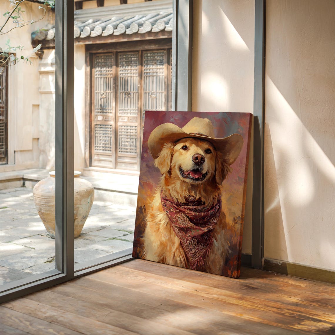 Golden Retriever Cowboy Western Dog Wall Art Rustic Farmhouse Pet Portrait Funny Country Dog Painting Rodeo Decor Print - Image 4
