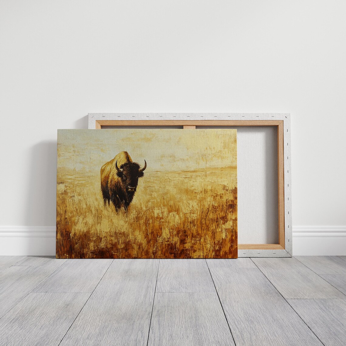 Buffalo In Golden Prairie Grass Western Wildlife Painting Poster - Image 3