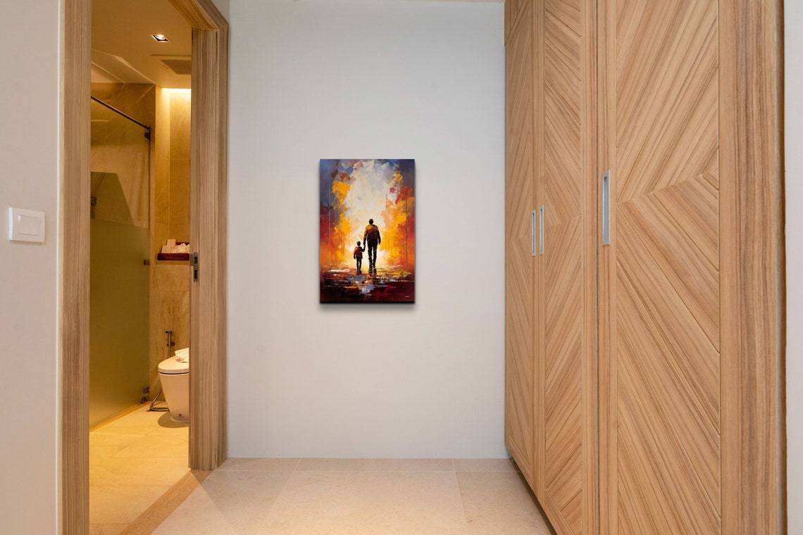Father And Son Silhouettes Walking In Abstract Watercolor Poster - Image 6
