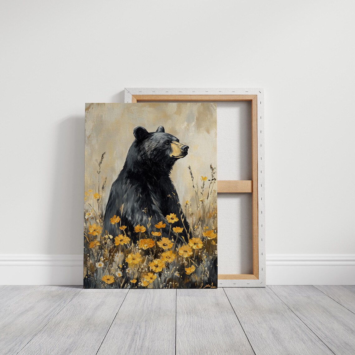 Black Bear With Golden Wildflowers Art Print - Image 3
