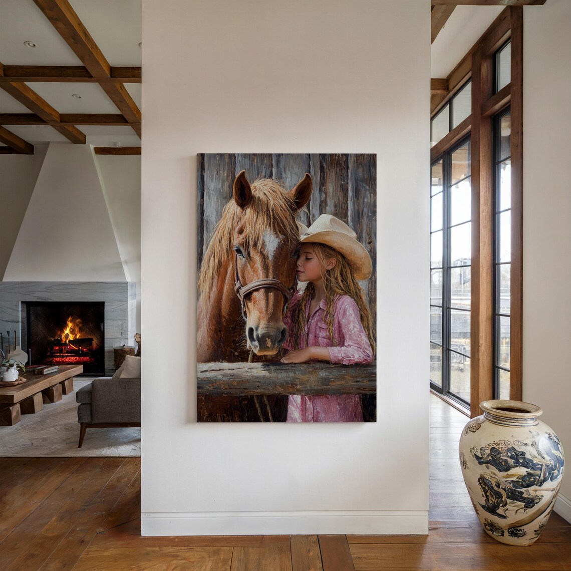 Sweet Young Cowgirl Kissing Her Chestnut Horse Over a Fence Wall Art - Image 5