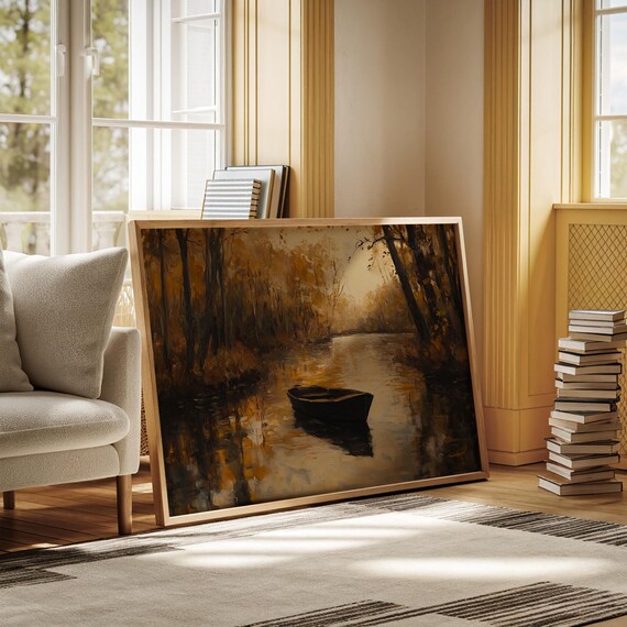 Autumn River Rowboat Golden Forest Reflection Rustic Fall Lake Poster Art