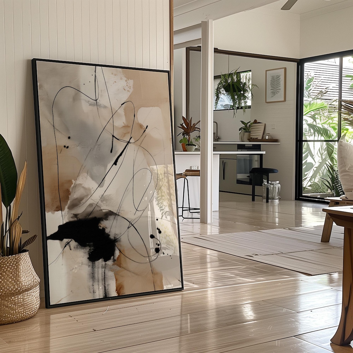 Neutral Beige Black Abstract Line Art Modern Watercolor Painting Poster