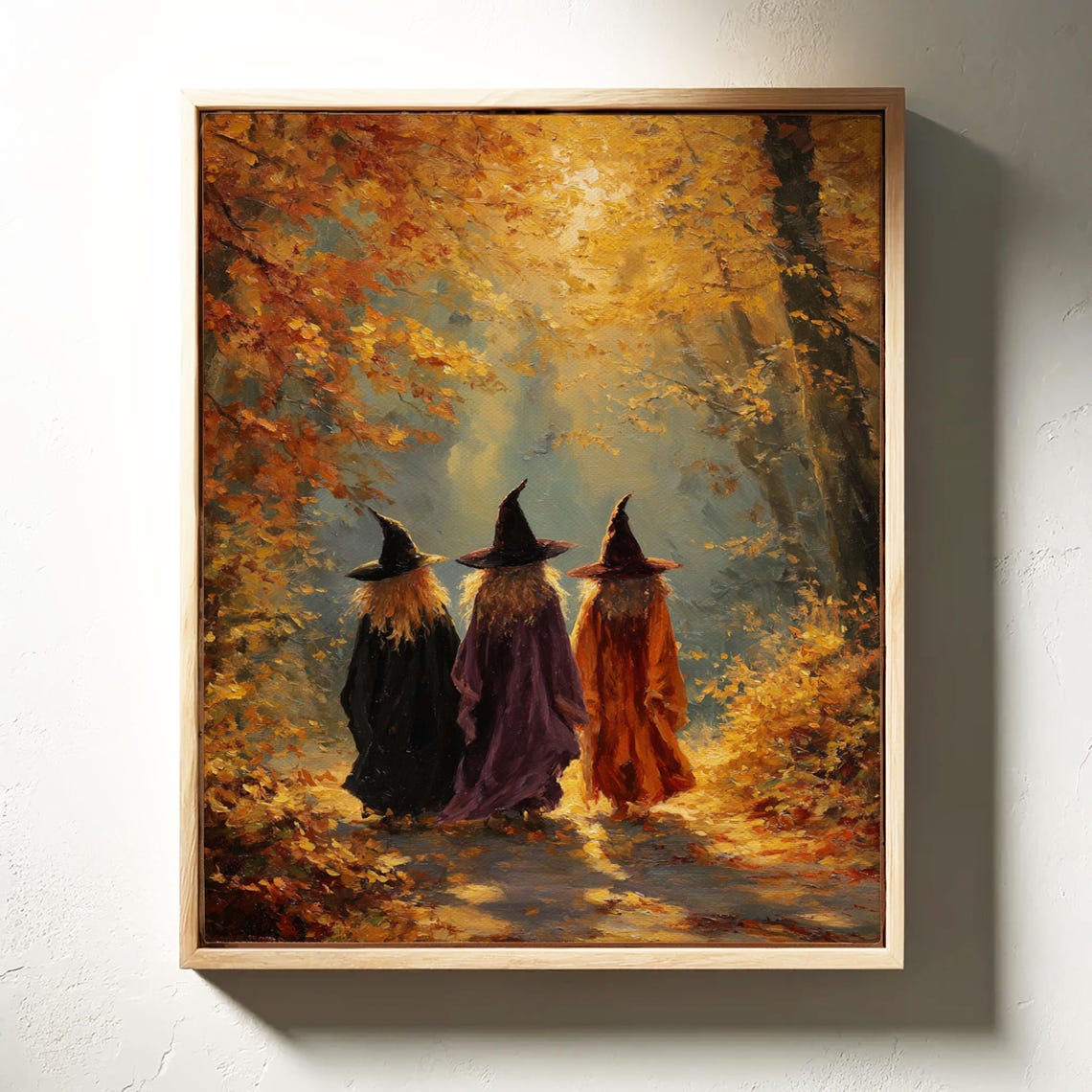Three Witches Autumn Forest Golden Leaves Halloween Art Poster