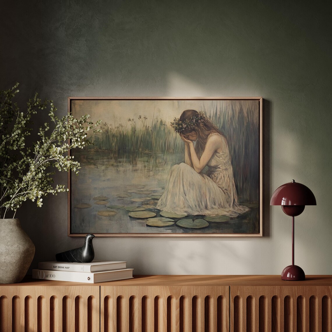 Weeping Woman in White Dress with Flower Crown on Lily Pads Poster - Image 4