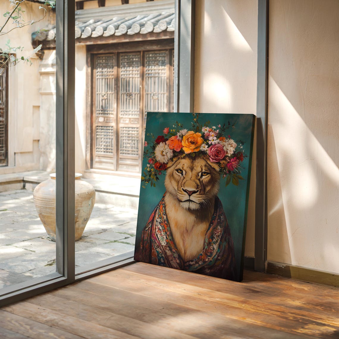 Lioness Flower Crown Orange Roses Patterned Shawl Regal Poster - Image 4