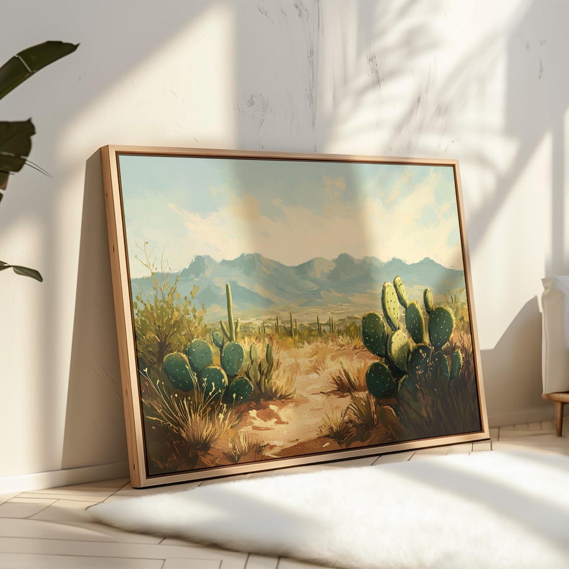 Serene Desert Morning with Prickly Pear Cactus Landscape Poster