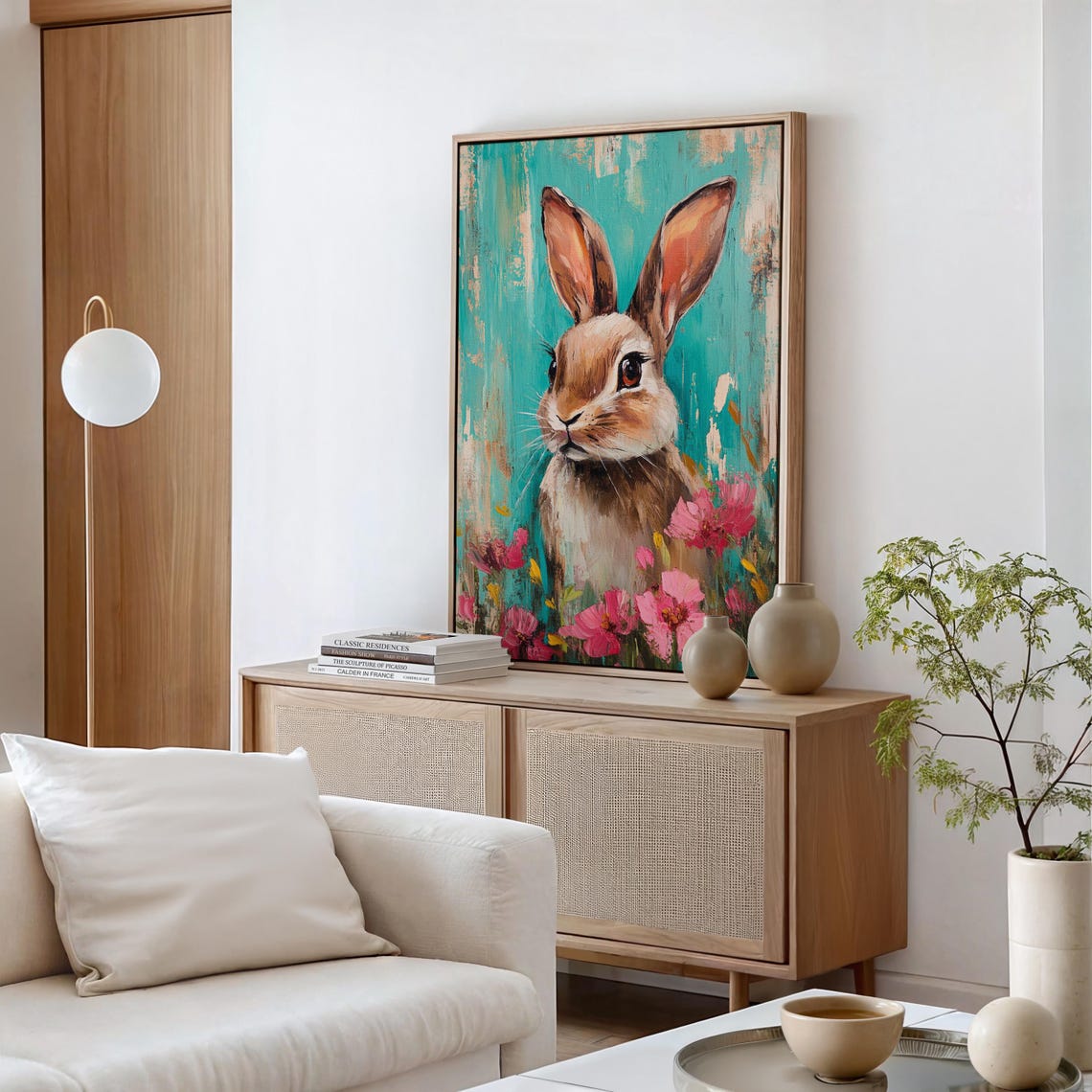 Brown Rabbit Among Pink Blossoms on Turquoise Painted Backdrop Poster - Image 4