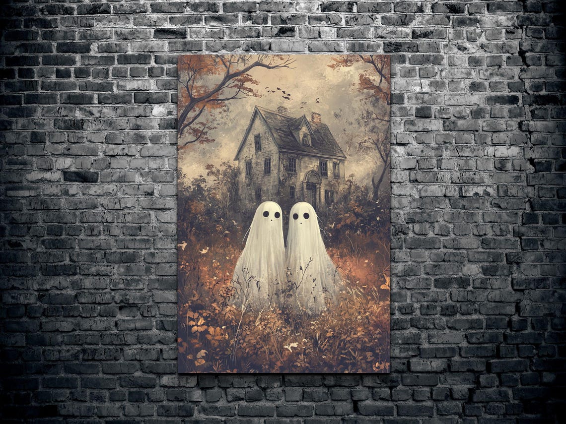 Two Ghost Friends Moody Haunted House Vintage Halloween Poster - Image 2