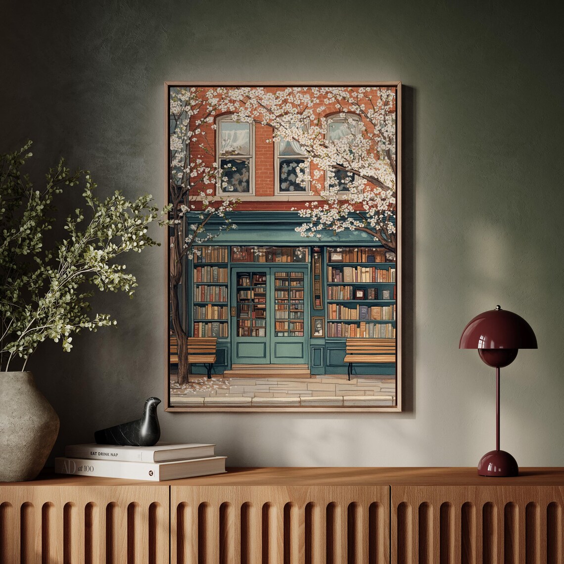 Bookshop Glass Doors Poster With Cherry Blossom Branches And Benches - Image 2