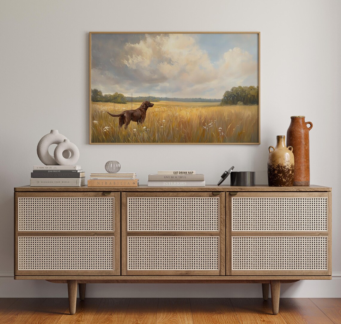 Chocolate Labrador Standing In Golden Wheat Field Oil Poster