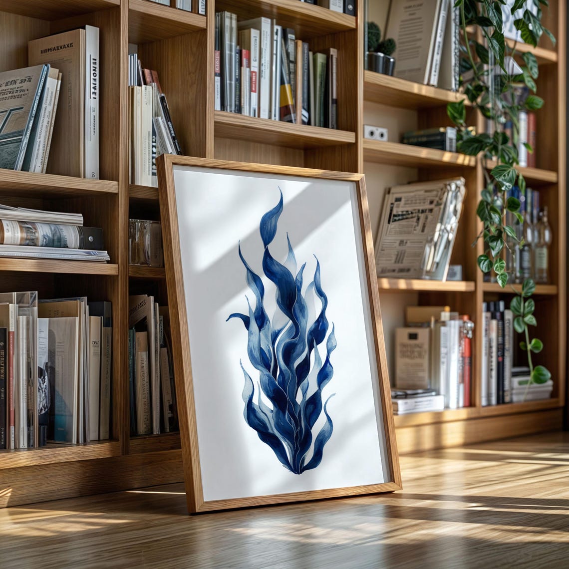 Abstract Blue Watercolor Flames Minimal Ocean Inspired Art Poster