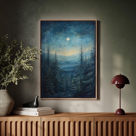 Starry Night Forest Christmas Star Over Winter Mountains Tranquil Night Landscape Wall Art Serene Nature Inspired Decor