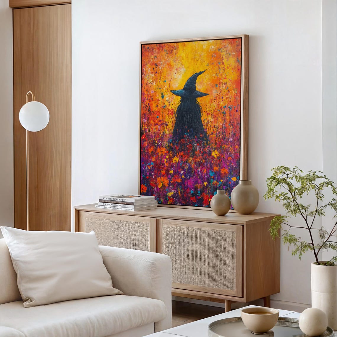 Witch Silhouette Vibrant Floral Field Abstract Halloween Art Poster - Image 5