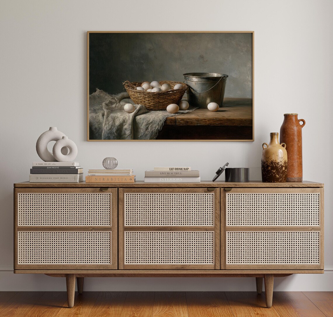 Rustic Farmhouse Still Life Poster Basket Of Eggs And Metal Pail