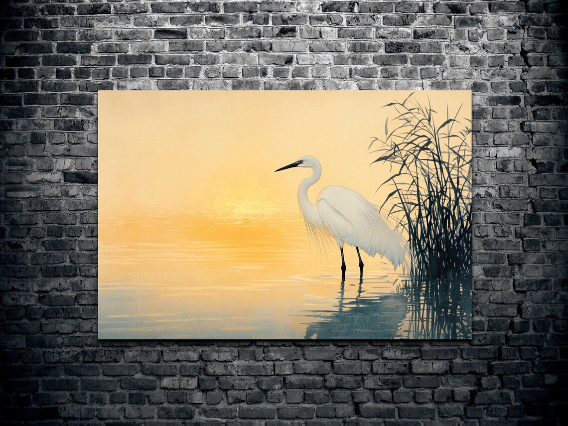 White Heron Standing At Sunrise Watercolor Wetland Birds Poster - Image 2