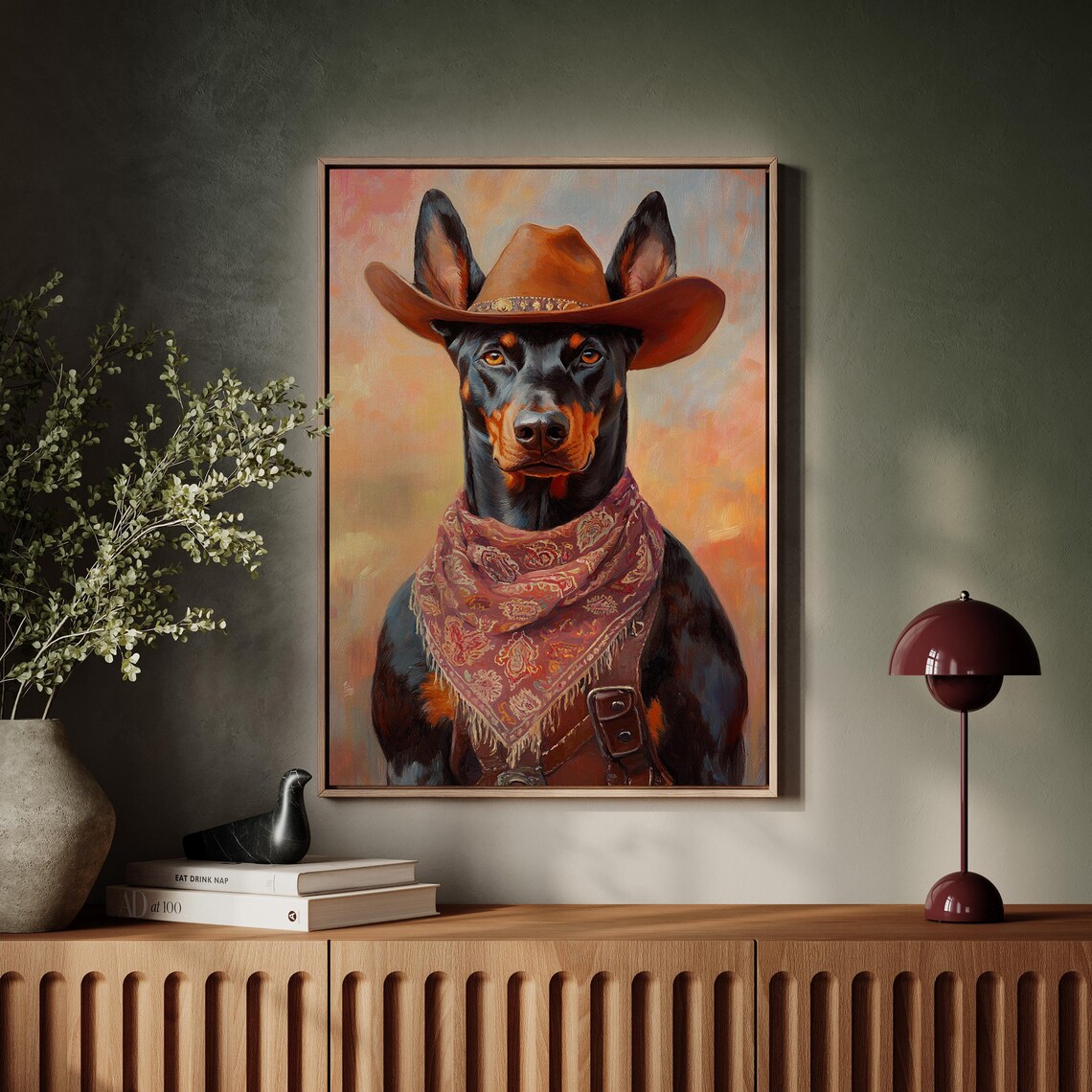 Doberman In Cowboy Hat Rust Paisley Bandana Western Sunset Dog Poster