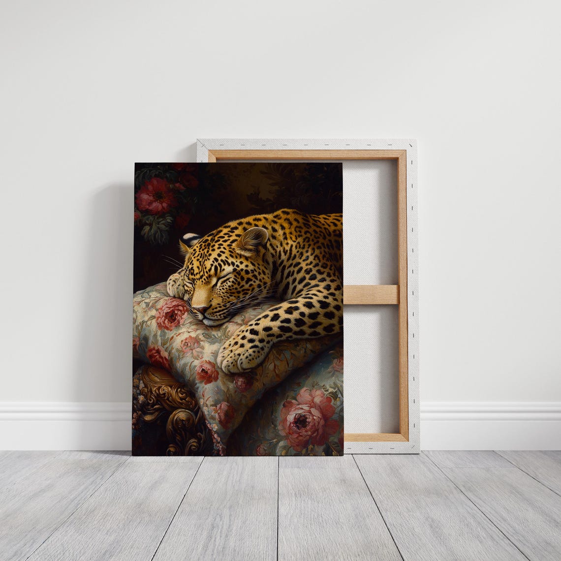 Sleeping Leopard Resting Floral Cushion Roses Elegant Wildlife Poster - Image 3