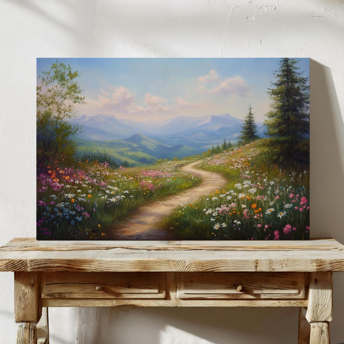 Wildflower Path Winding Through Hills Toward Blue Mountains Wall Art - Image 7