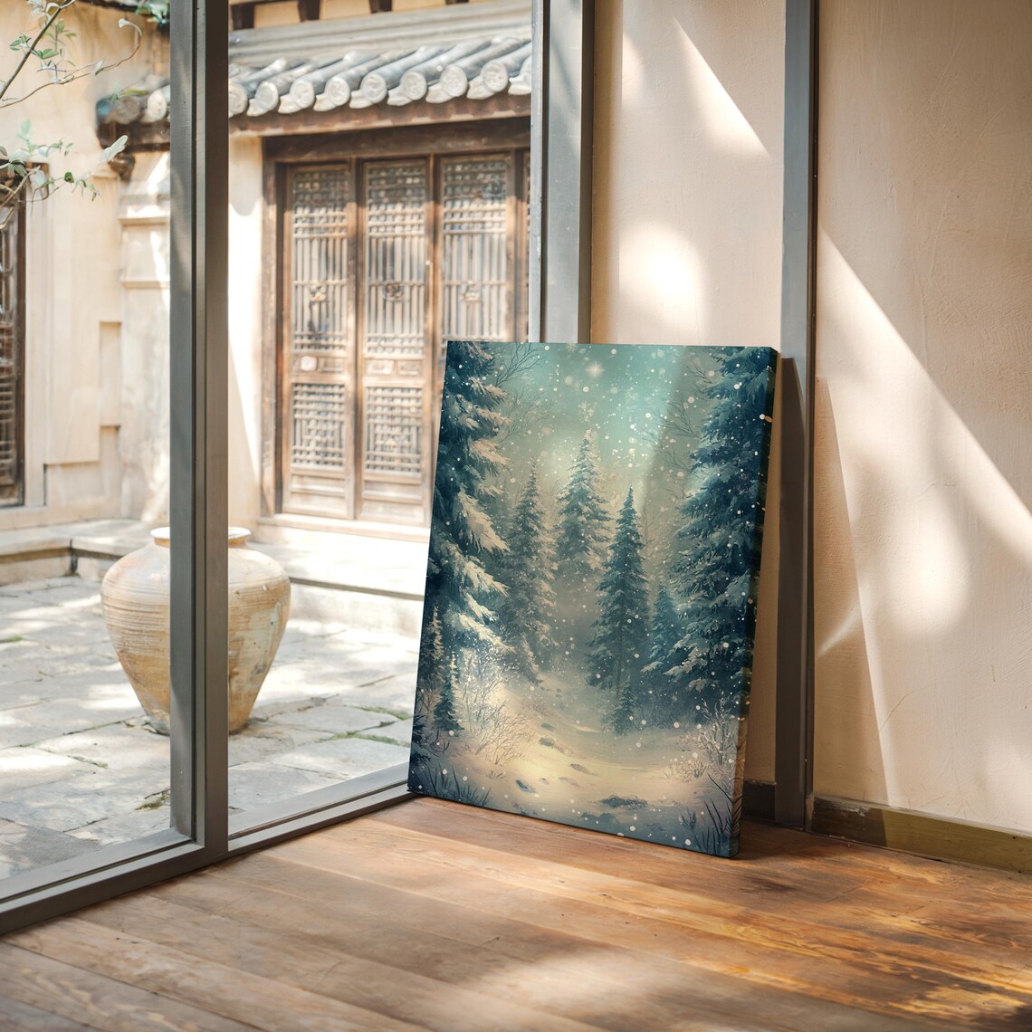 Snow Covered Pine Forest Path Falling Snowflakes Serene Winter Wall Art - Image 7