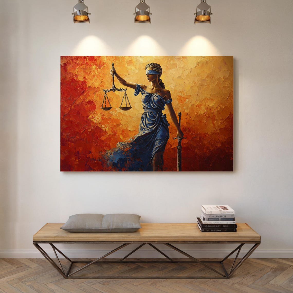 Lady Justice Blindfold Scales Sword Fiery Orange Painting Poster - Image 4