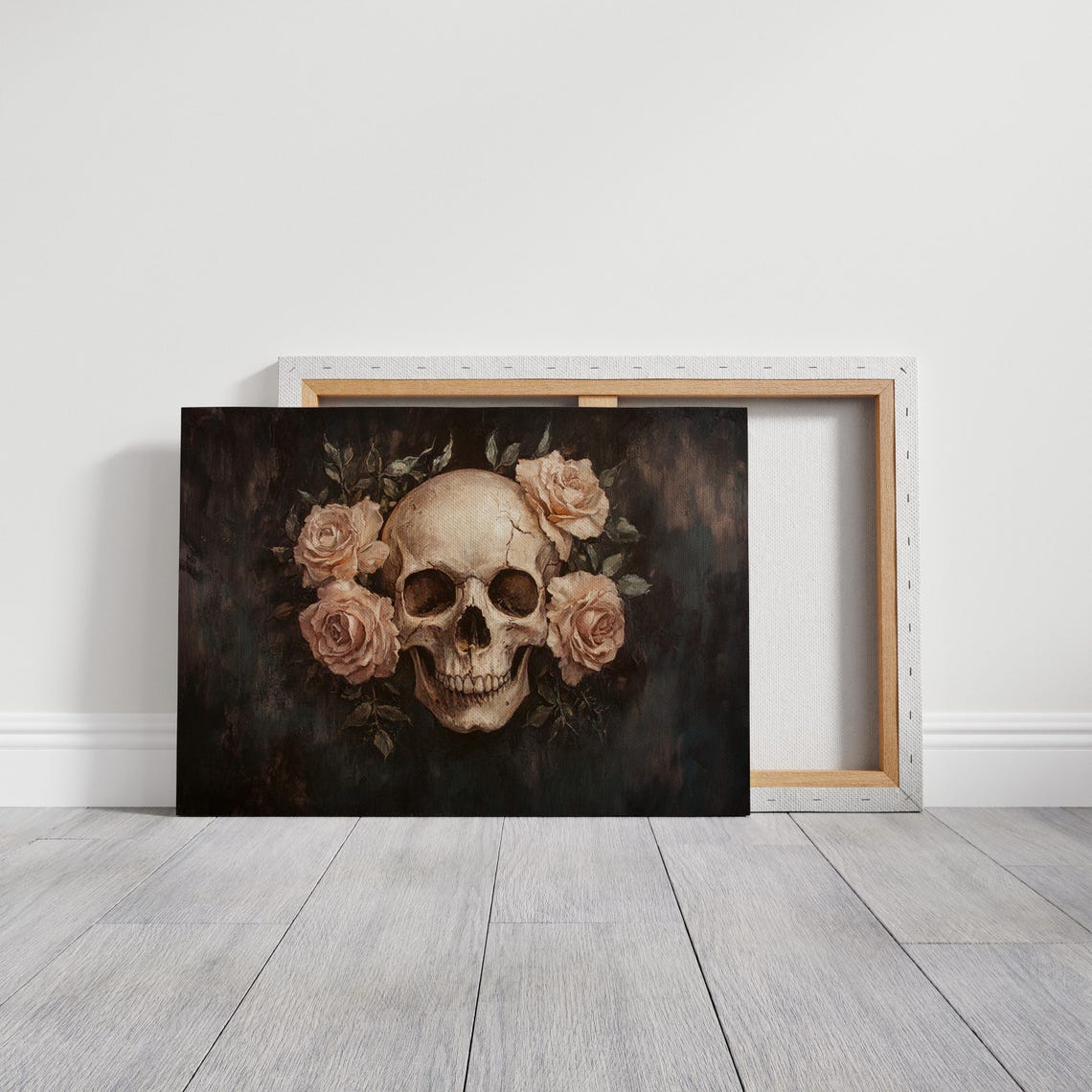 Human Skull With Roses On Dark Background Gothic Floral Oil Poster - Image 3