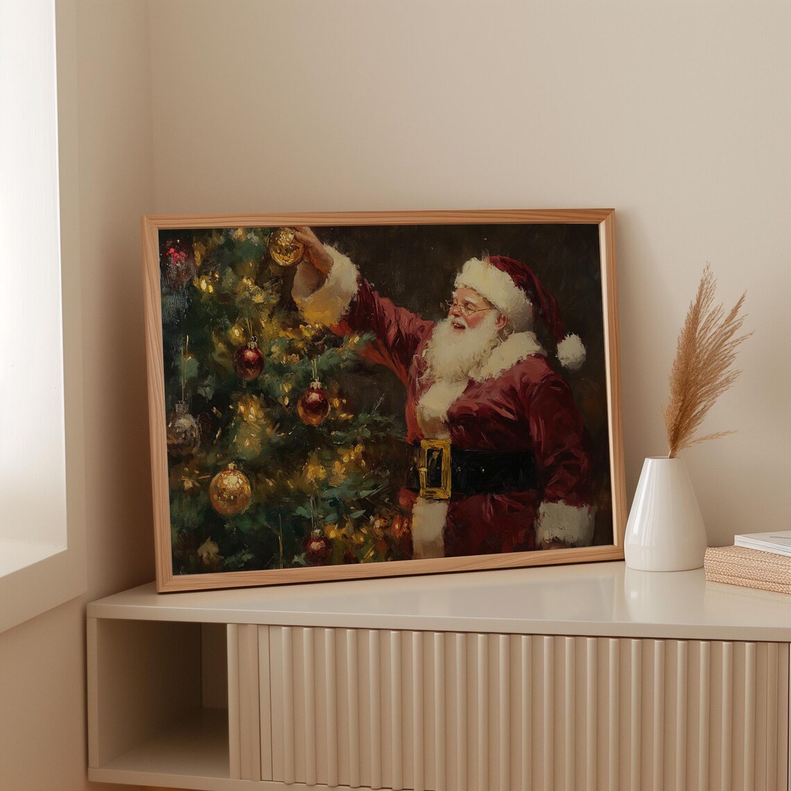 Vintage Santa Claus Decorating Christmas Tree Oil Painting Poster