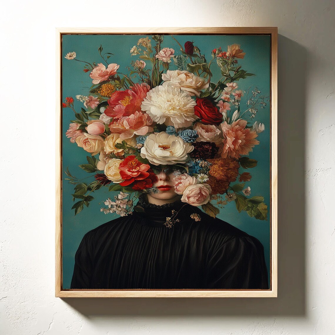 Surreal Woman with Flower Bouquet Dark Floral Portrait Art Poster - Image 5